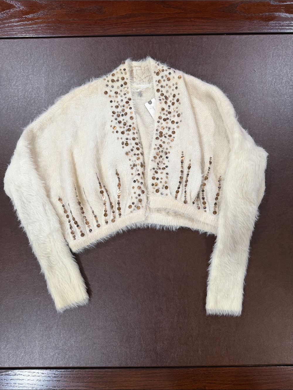 NWT Anthropologie XS Ivory Faux-Fur Cropped Sweater with Stud Embellishment